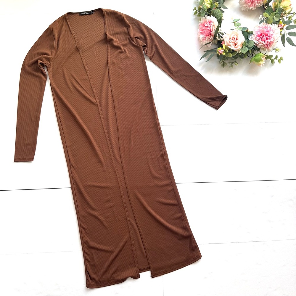 Boohoo Chocolate Ribbed Sleeveless Midi Dress and Duster Matching Set - Picture 9 of 15